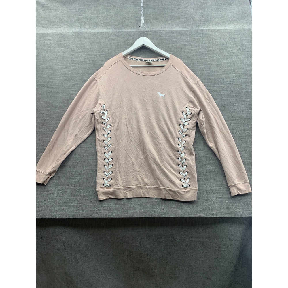 Victoria's Secret PINK Sweatshirt Womens Large Taupe Crew Neck Corset Lace Up